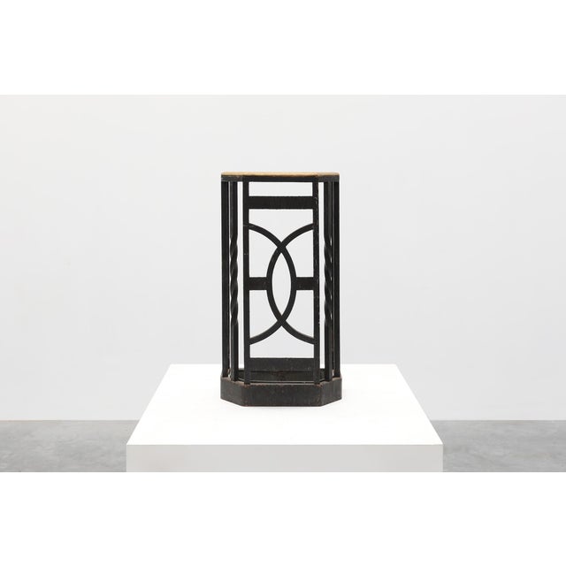Modern Art Deco Metal Umbrella Stand with Geometric Openwork and Brass Rim, Belgium, 1920s For Sale - Image 3 of 16