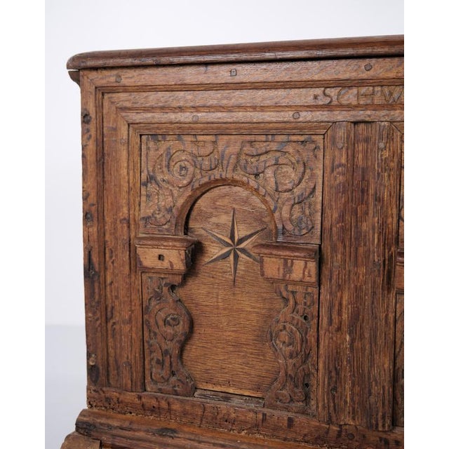 Wood Chest in Oak with Carved Details and Fruitwood Inlays, 1860s For Sale - Image 7 of 14