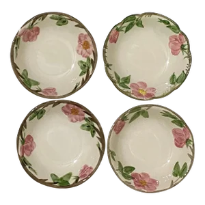 1990s Franciscan “Desert Rose” Fruit/Dessert Sauce Bowl - Set of 4, Pink Roses & Green Leaves, Tan Scalloped Trim