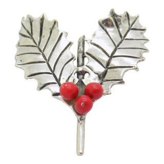 Vintage Italian Handmade Genuine Silver Holly Miniature Figurine Christmas Decorative Miniature For Sale