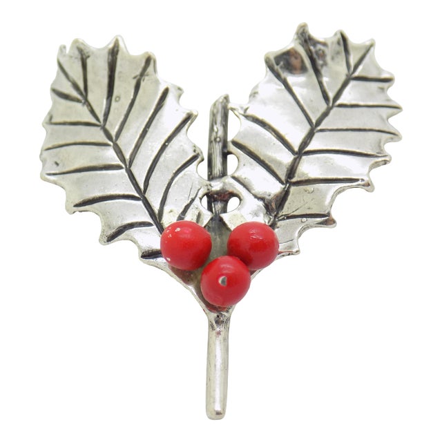 Vintage Italian Handmade Genuine Silver Holly Miniature Figurine Christmas Decorative Miniature For Sale