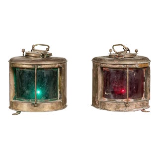 Japanese Nippon Sento Ship Lanterns with Green and Red Glass, Unwired - A Pair For Sale