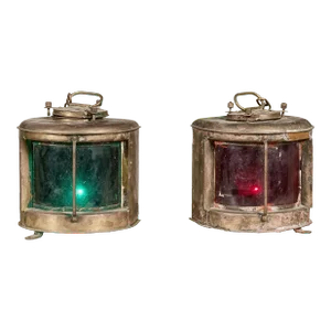 Japanese Nippon Sento Ship Lanterns with Green and Red Glass, Unwired - A Pair