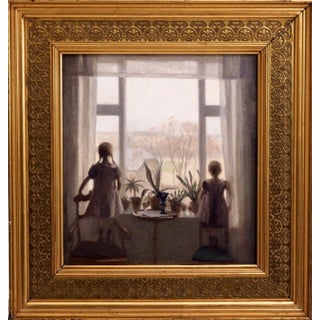 Interior Painting of Two Children Oil on Canvas, Carl V. Meyer For Sale