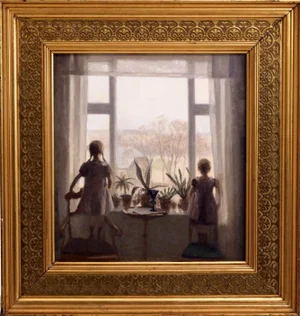 Interior Painting of Two Children Oil on Canvas, Carl V. Meyer