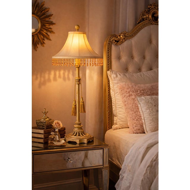 Hollywood Regency Vintage Hollywood Regency Cast Iron Table Lamp With Beaded Fringe Shade & Dual Tassels – 38” Tall For Sale - Image 3 of 12