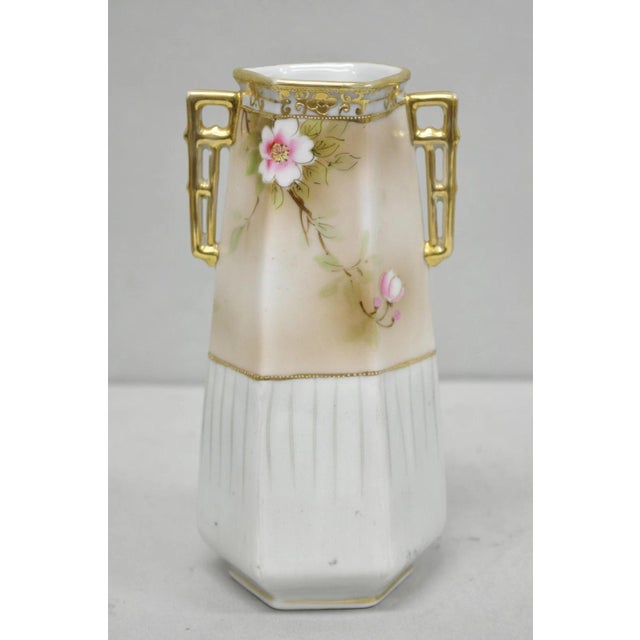 Antique Nippon Twin Handled Pink Hand Painted Porcelain Hexagon Gold Rimmed Vase For Sale In Philadelphia - Image 6 of 13