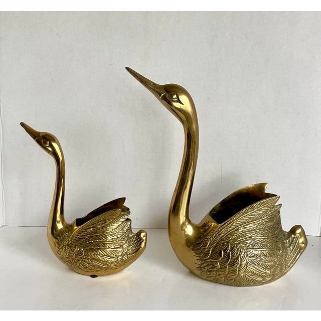Brass Pair of Mid-Century Brass Figurative Swan Planters Cachepots For Sale - Image 8 of 10