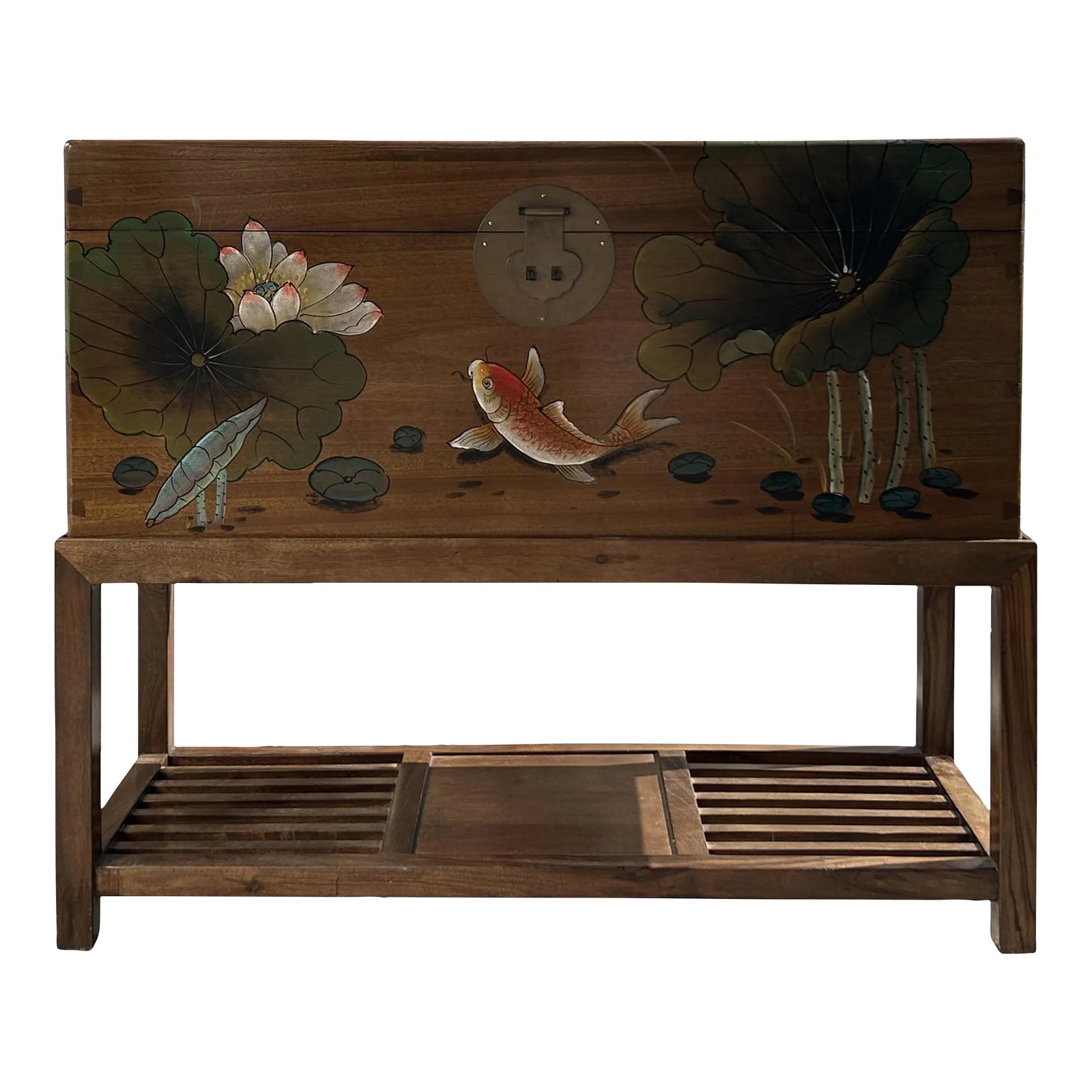 Chinese Lotus Flower Koi Fish Rectangular Wood Trunk on Stand | Chairish