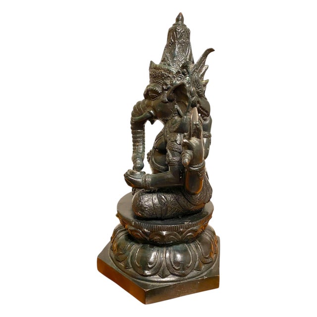 Antique Bronze Ganesha Statue Khmer Style Hindu 4-Arm Elephant God Sculpture For Sale - Image 16 of 18