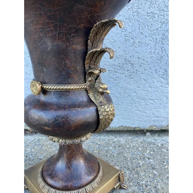 Neoclassical Early 20th Century Russian Neoclassical Bronze & Leather Urn-Form Peacock Lamp For Sale - Image 3 of 13