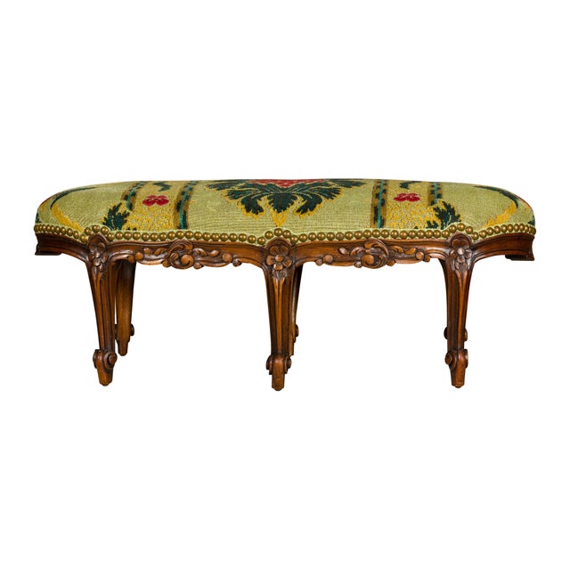 French French Louis XV 19th Century Carved Walnut Footstool with Tapestry Upholstery For Sale - Image 3 of 11