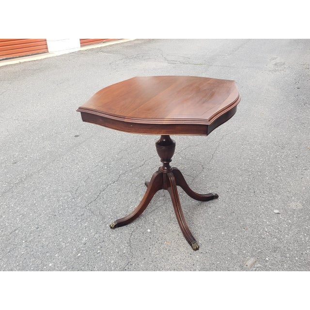 Mid-Century Refinished Solid Walnut Pedestal Quadpod Tea Table W Brass Paw Feet For Sale - Image 4 of 6