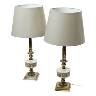 Vintage Table Lamps in Copper and Porcelain, 1950s, Set of 2 For Sale