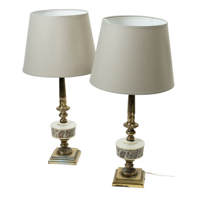Vintage Table Lamps in Copper and Porcelain, 1950s, Set of 2 For Sale