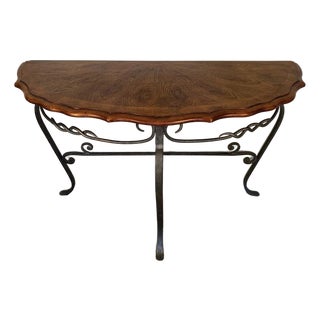 Mid 20th Century Spanish Revival Veneer Sunburst Demi-Lune and Wrought Iron Console Table For Sale