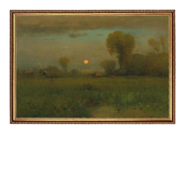 "Harvest Moon" Country Landscape Reproduction Print on Canvas, Framed 32x22 For Sale