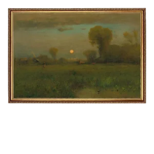 "Harvest Moon" Country Landscape Reproduction Print on Canvas, Framed 32x22