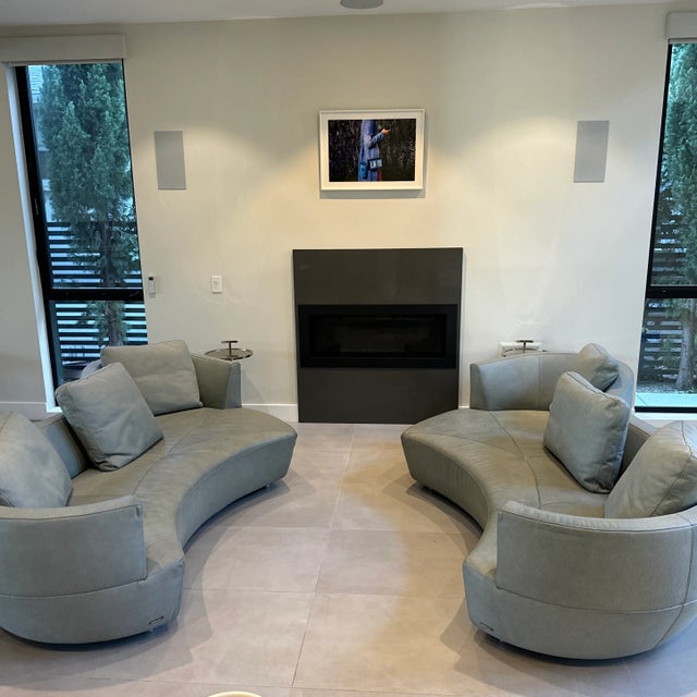 Contemporary Roche Bobois Curved Leather Sofas in Soft Sage Blue: A Pair For Sale - Image 3 of 12