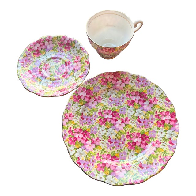 Royal Standard "Virginia Stock" Bone China Trio Tea Set - 3 Pieces For Sale