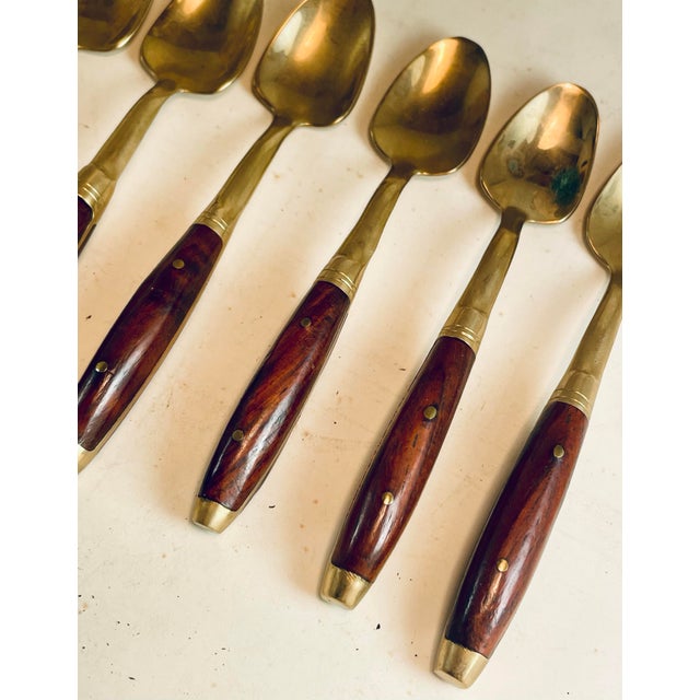 Mid 20th Century Rosewood & Brass Desert Demitasse Spoons Set of 6 For Sale - Image 4 of 11