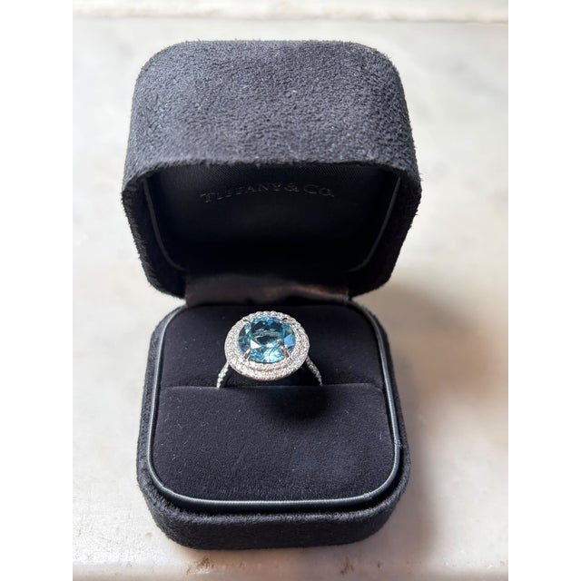 Tiffany & Co. Platinum Soleste Aquamarine & Diamond Ring 3.95ct 7.17g, Size 5 For Sale - Image 10 of 11