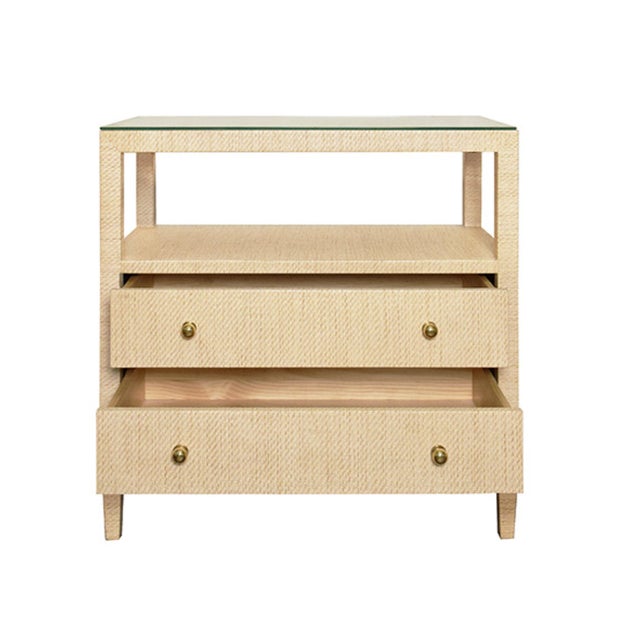 Worlds Away Matthew Izzo Home Douglas Natural Grasscloth Two Drawer Side Table With Open Shelf, Glass Top, and Brass Knobs For Sale - Image 4 of 8