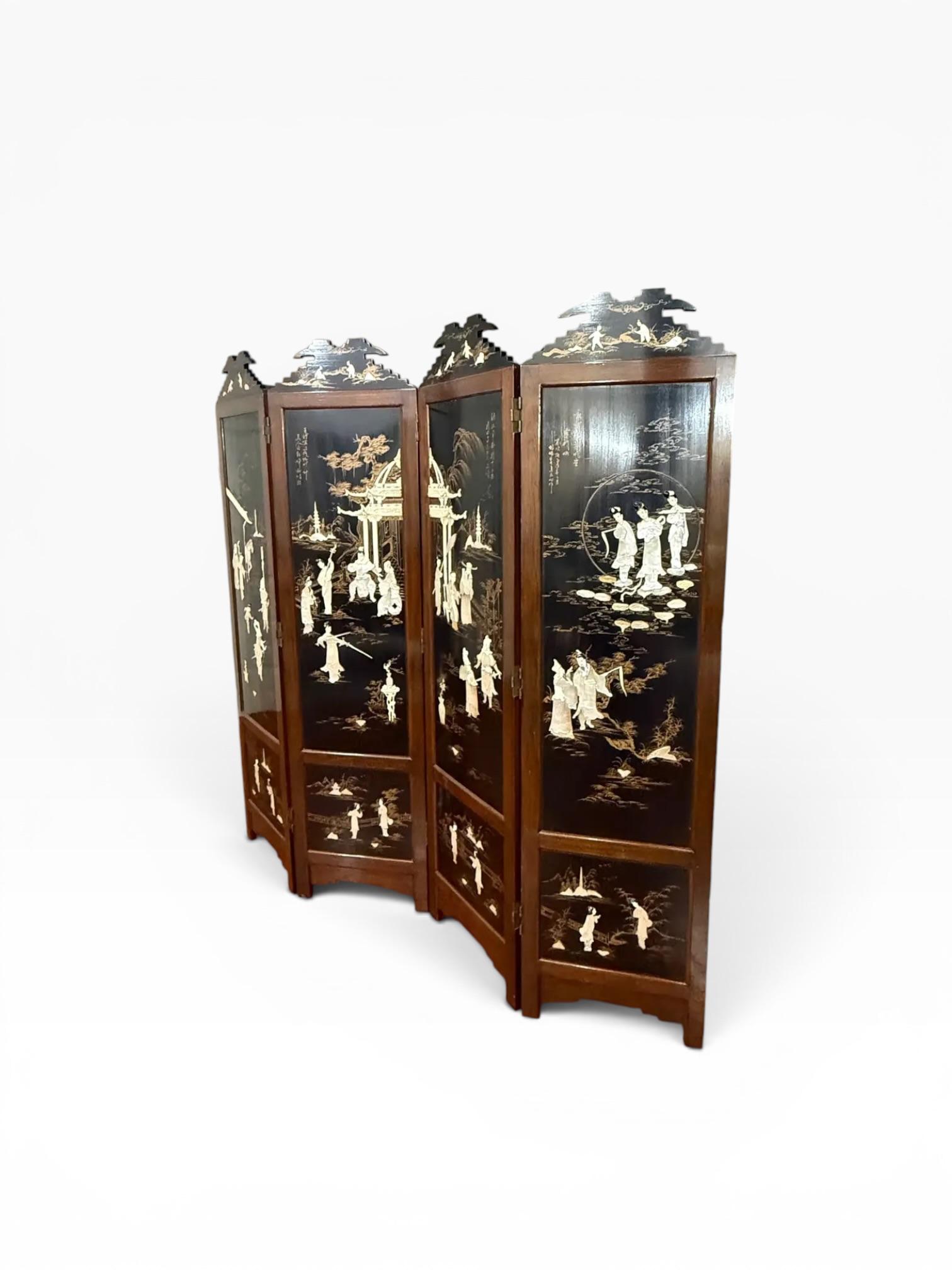 Vintage Chinese Black Lacquer Folding Screen With Mother-of-Pearl
