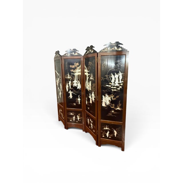 Vintage Chinese Black Lacquer Folding Screen With Mother-of-Pearl Inlay For Sale - Image 4 of 8