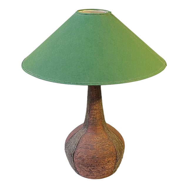 Large Danish Stoneware Table Lamp with Green Shade from Sejer, 1970s For Sale
