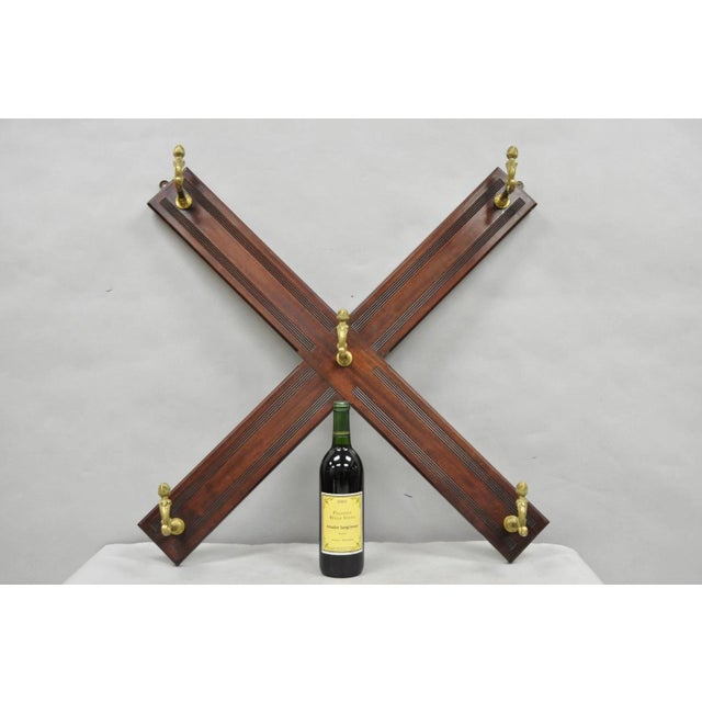 Victorian Antique Victorian Mahogany X-Form Wall Coat Rack W/ Brass Knight's Helmet Hooks For Sale - Image 3 of 14