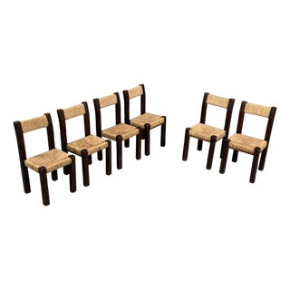 Charlotte Perriand Style, Six Brutalist Dining Chairs, Wood, Straw, France, 1960s For Sale