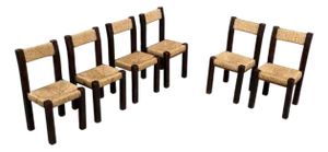 Charlotte Perriand Style, Six Brutalist Dining Chairs, Wood, Straw, France, 1960s