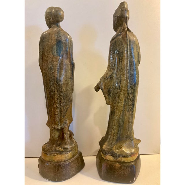 Early 20th Century Pair of Vintage/Antique Ceramic Asian Scholar Figures on Pedestal Bases Set of 2 For Sale - Image 5 of 18