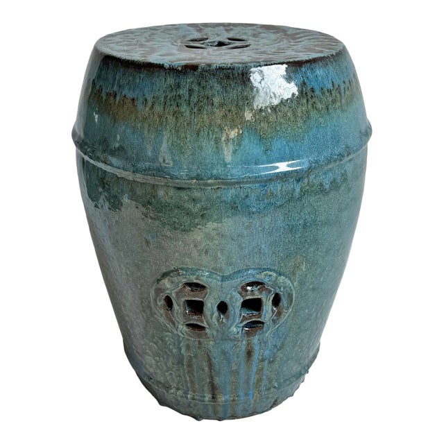 Vintage Ocean Blue Ceramic Garden Stool For Sale