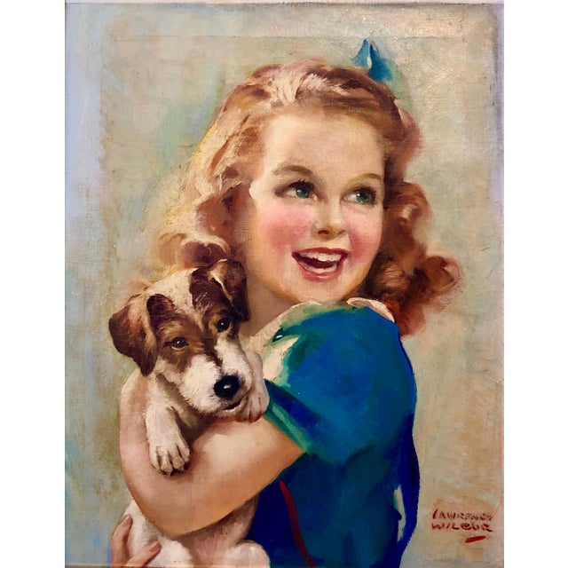 A girl and her dog This was possibly used as an advertisement. It is in a great illustrator style. 22 x 18. framed. 19.5 x...