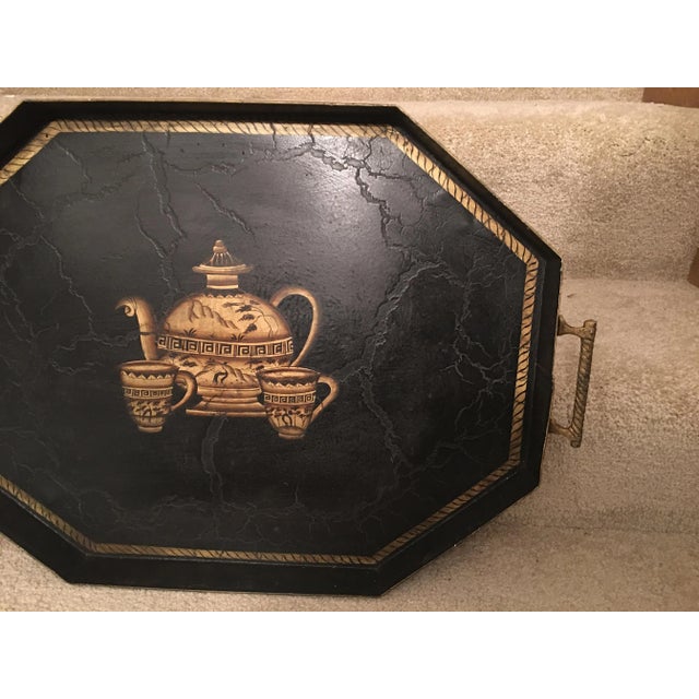 Hand-Painted Tea Cup Design Black Tole Tray For Sale - Image 4 of 13
