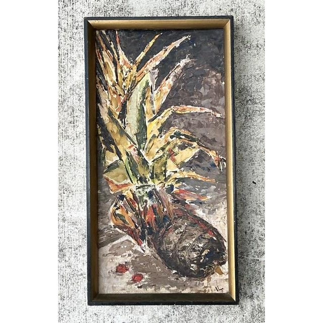 This striking original oil on board captures the essence of Mid-Century Modern expressionism through its bold, impasto...