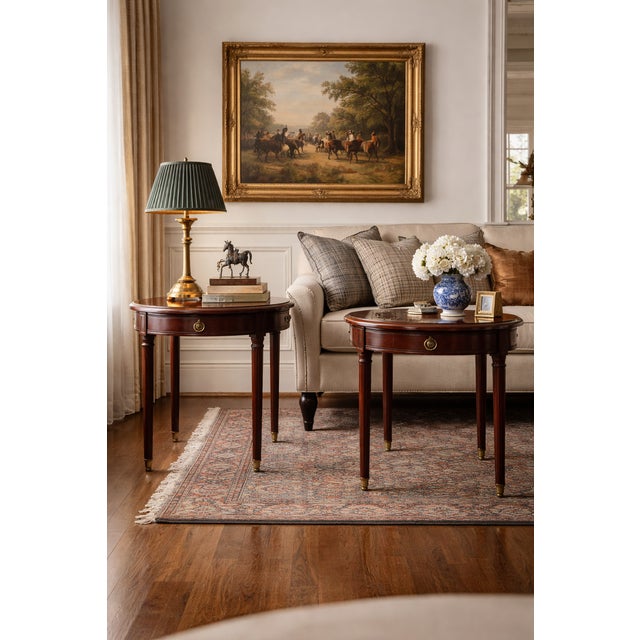 Vintage Round Traditional Side Tables With Brass Sabots in the Manner of Baker Kindly note photo number two (2) is a...