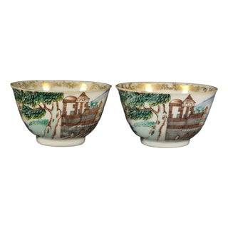 Fine Pair of Qianlong (1735-1796) Chinese Tea Cups Bowls W. Landscape Scenery For Sale