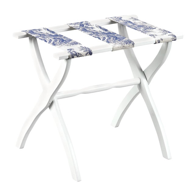 White Wood Contour Leg Luggage Rack with 3 Blue Toile Straps Chairish
