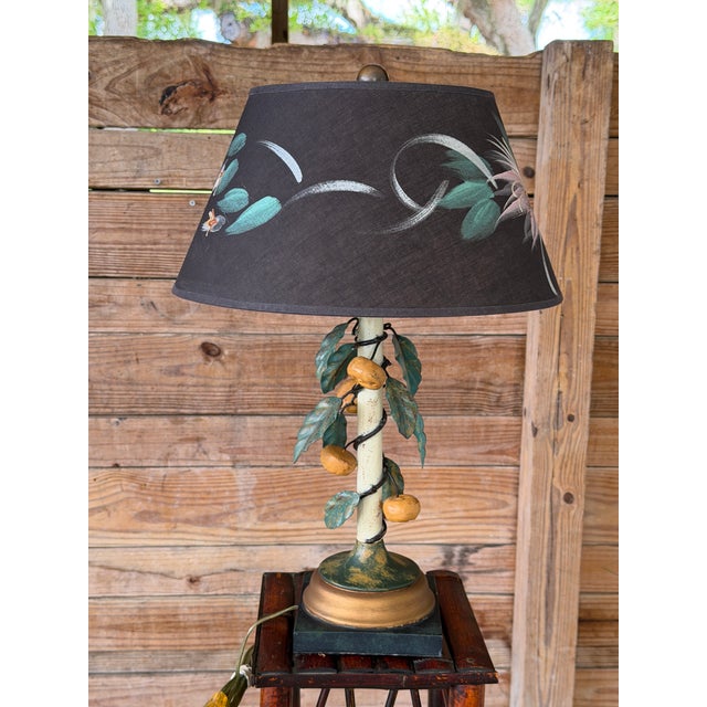 Vintage Italian Tole Lemon Table Lamp by Sarreid With Hand Painted Signed Shade For Sale In Naples, FL - Image 6 of 12