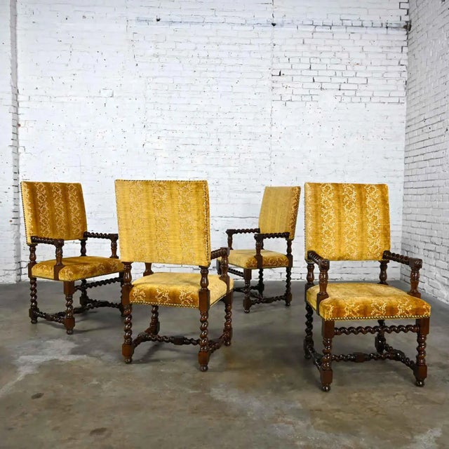 Vintage Set of 4 Large Scale Jacobean Style Armed Dining Chairs With Barley Twist Frames & Gold Sculpted Chenille by Henredon For Sale - Image 13 of 13