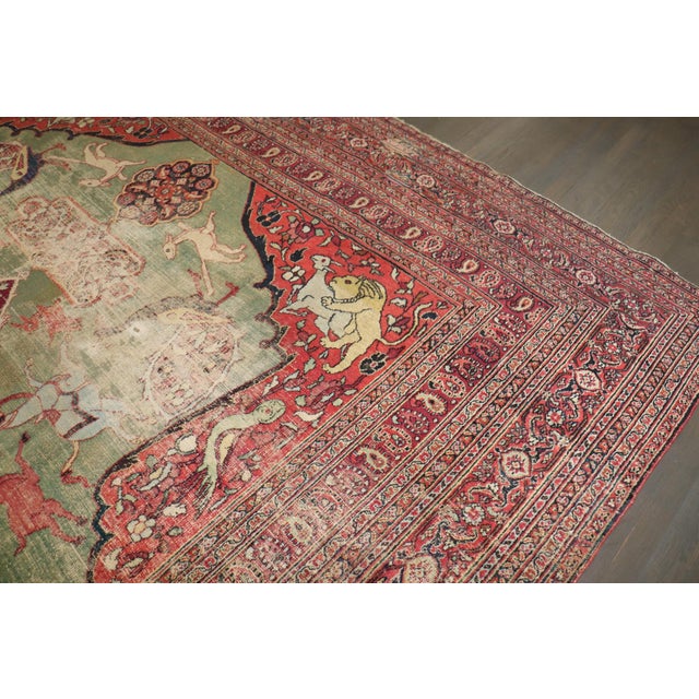 Green Hunting Animal Doroksh Persian Distressed Rug , 10'2'' X 12'10'' For Sale - Image 9 of 15