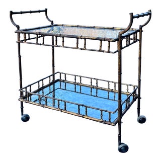 1970s Hollywood Regency Gold Leaf Faux Bamboo Rolling Metal and Glass Bar Cart For Sale