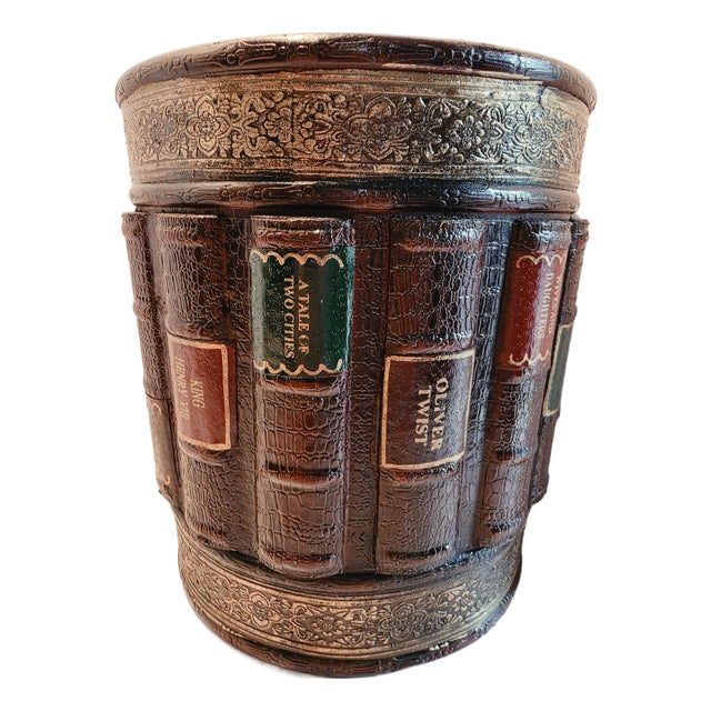 Vintage Wood Classical Carved Books Wastebasket/Trash Bin For Sale