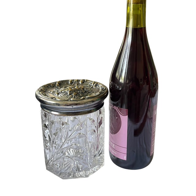 Shabby Chic Vintage Glass Jar With Ornate Cherub Metal Lid – Vanity Barware Biscuit or Tobacco Jar For Sale - Image 3 of 11