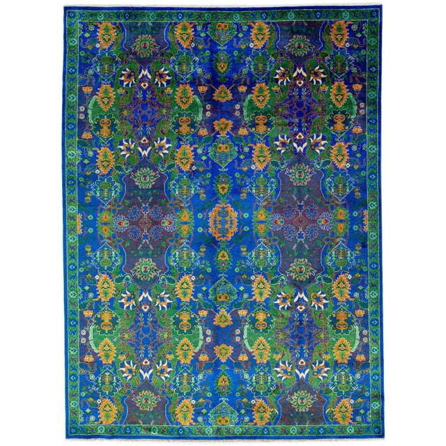 Textile 2010s Contemporary Transitional Handmade Wool Rug With Blue and Green Floral Pattern For Sale - Image 7 of 7