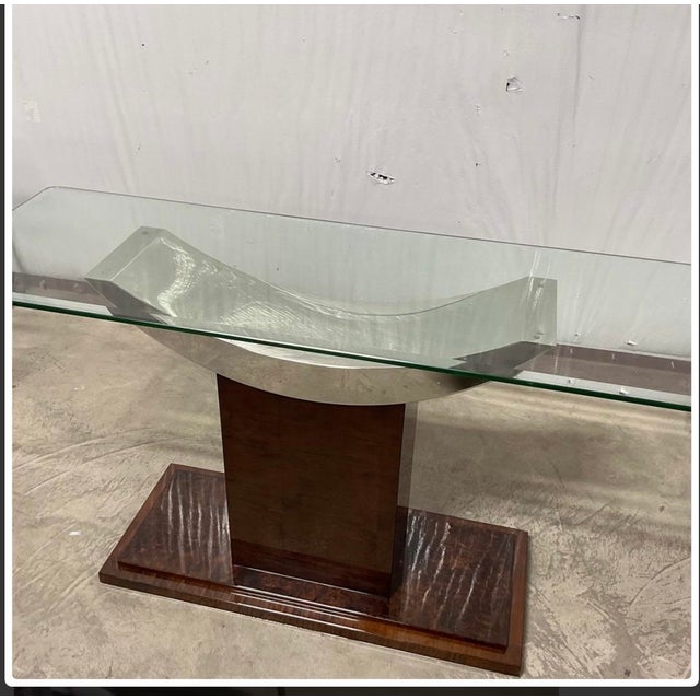 Mid-Century Modern Vintage Mid-Century Modern Sculptural Glass Console Table With a Burl Wood Veneer Pedestal & Chrome Base For Sale - Image 3 of 7