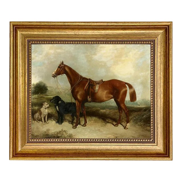 "Chestnut Horse With Two Dogs" Contemporary Reproduction Print on Canvas, Framed 10x8 For Sale